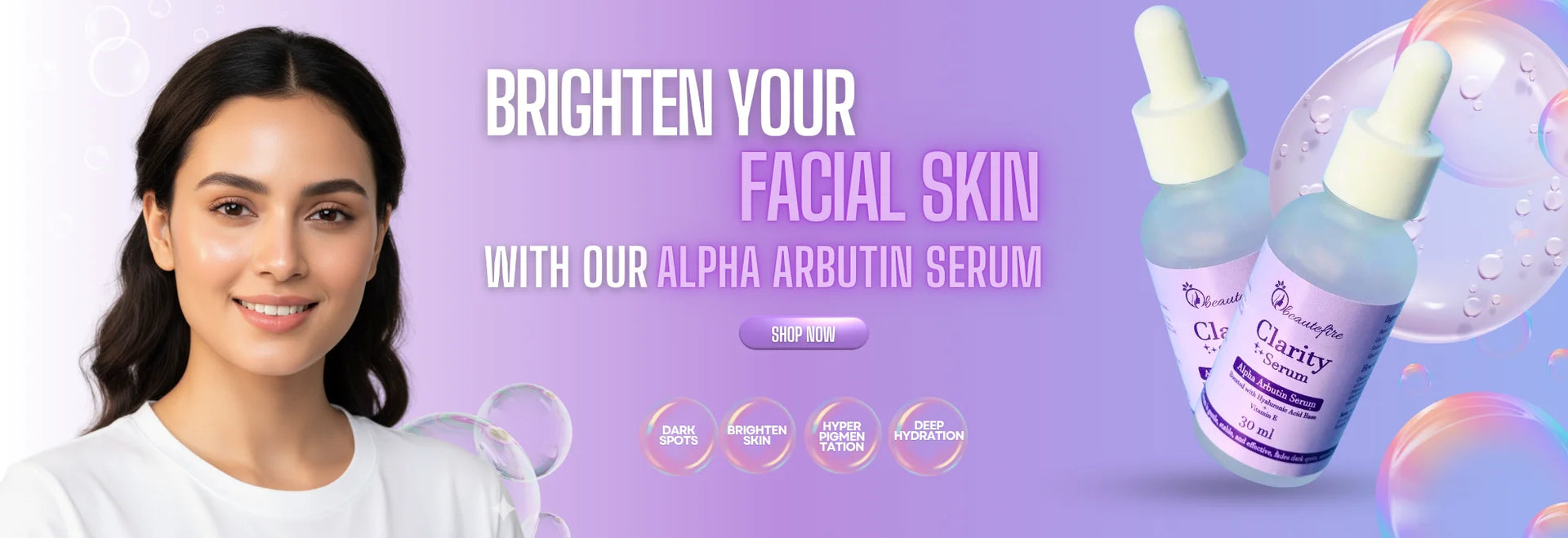 Beautefire Alpha Arbutin Serum mobile banner highlighting skin brightening, dark spot reduction, and deep hydration with a clean purple background.