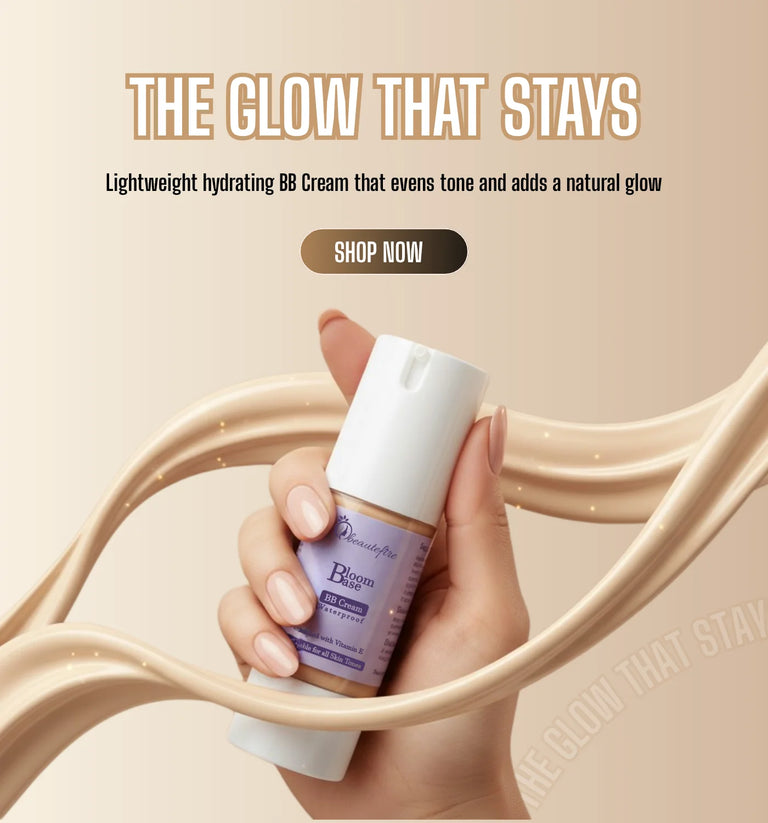 Beautefire BB Cream tube held gracefully in a hand with soft lighting, showing its lightweight texture and natural skin-finish formula against a lilac background.