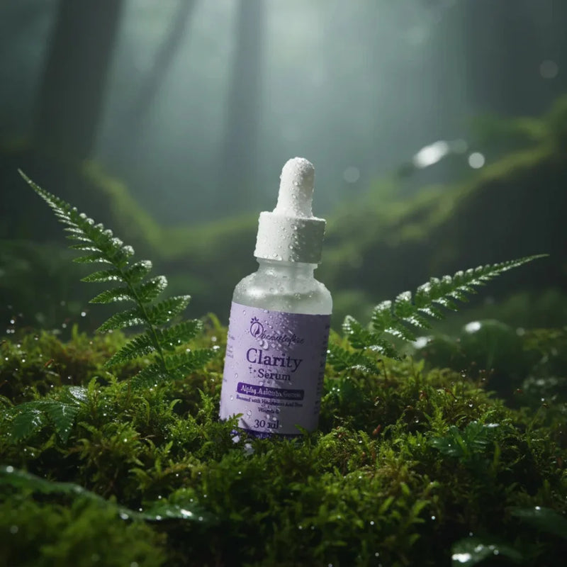 Beautefire Clarity Alpha Arbutin Serum – brightening formula captured in a natural forest setting with dewy freshness and hydration.