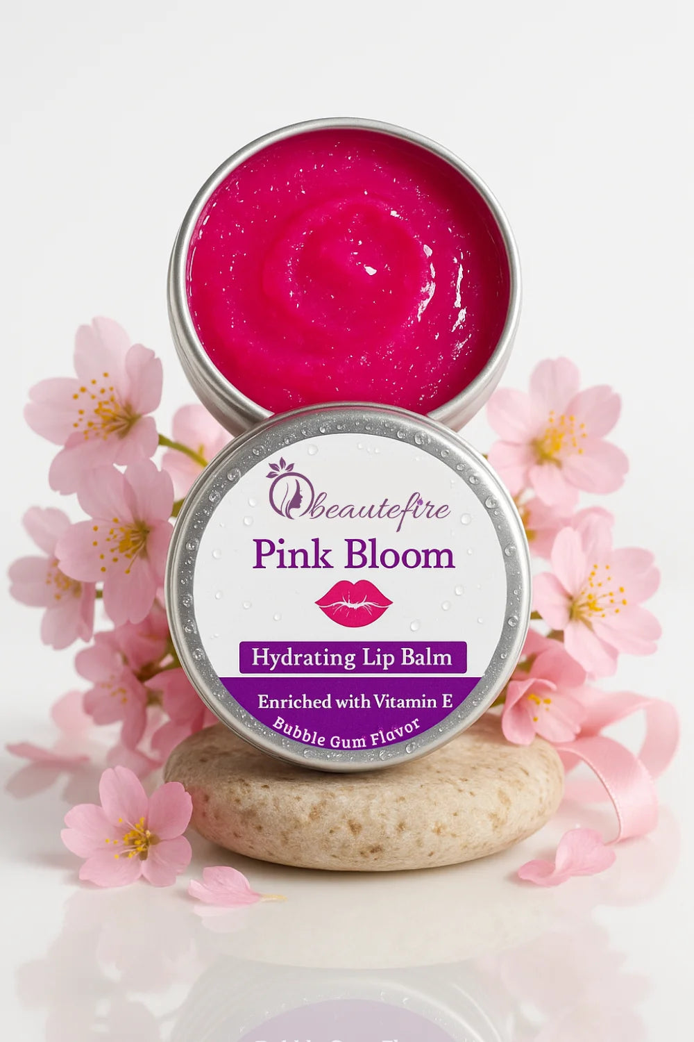 Beautefire Pink Bloom Lip Balm front view with pink flowersā bubble gum flavored hydrating lip balm with glossy natural tint.