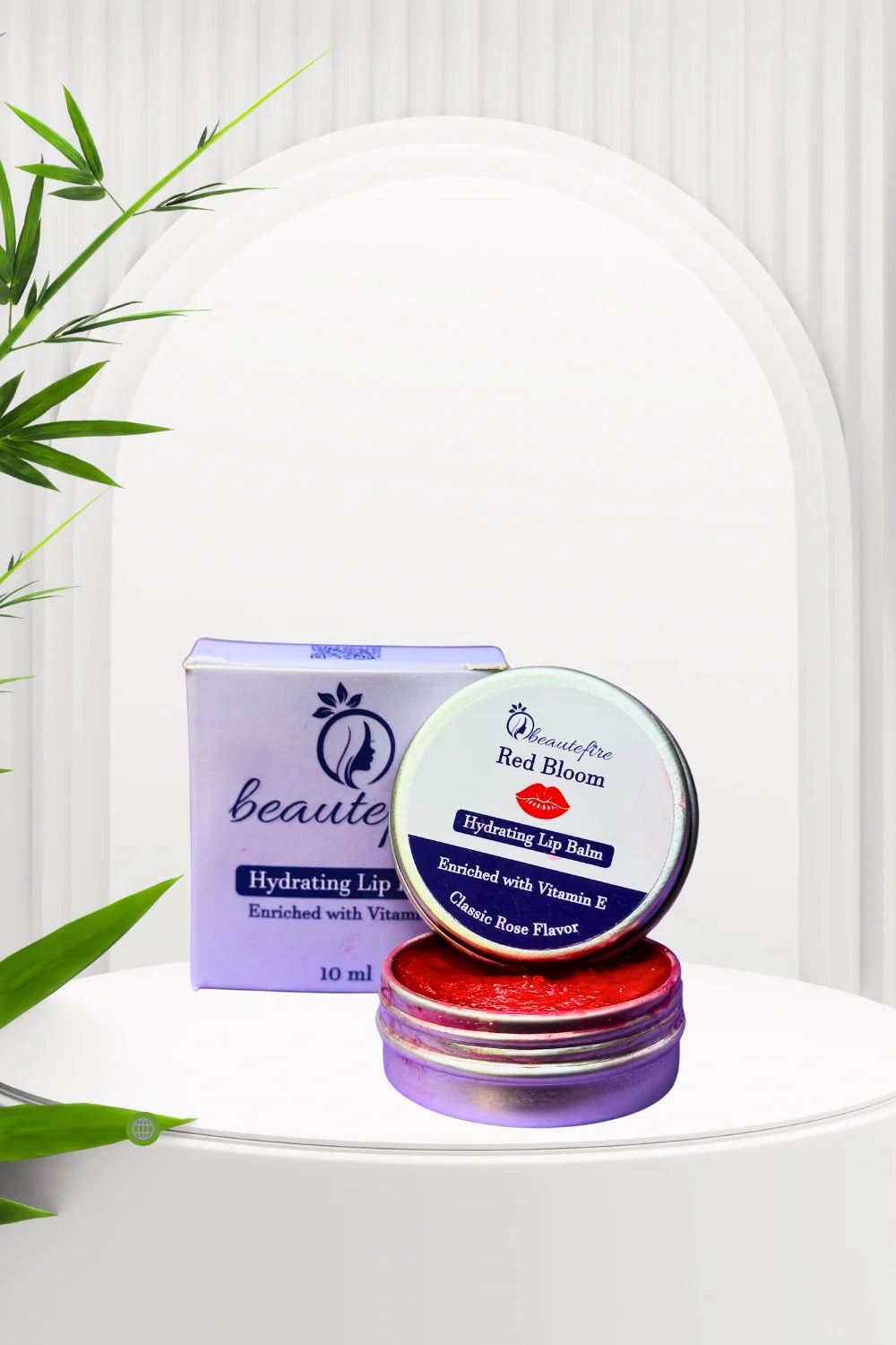 Beautefire Red Bloom Hydrating Lip Balm ā classic rose flavored balm with Vitamin E for deep hydration and naturally tinted red lips.