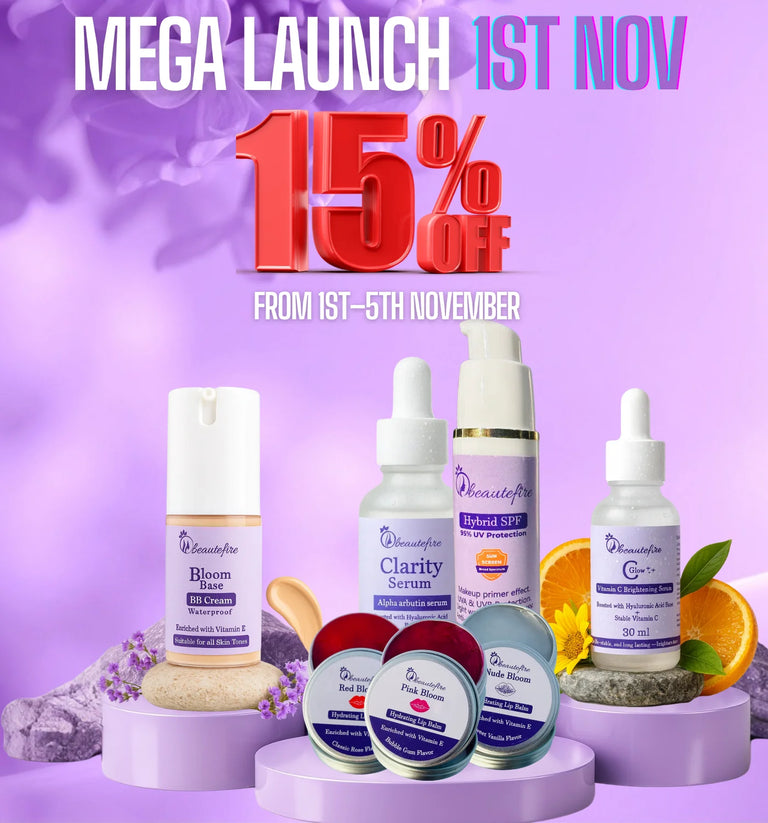 Beautefire full product lineup shown together in a clean lilac background, highlighting the 1st November launch and limited 15% off offer.