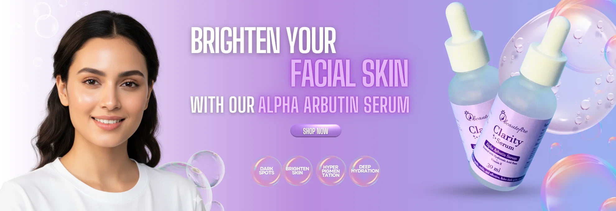 Beautefire Alpha Arbutin Serum mobile banner highlighting skin brightening, dark spot reduction, and deep hydration with a clean purple background.
