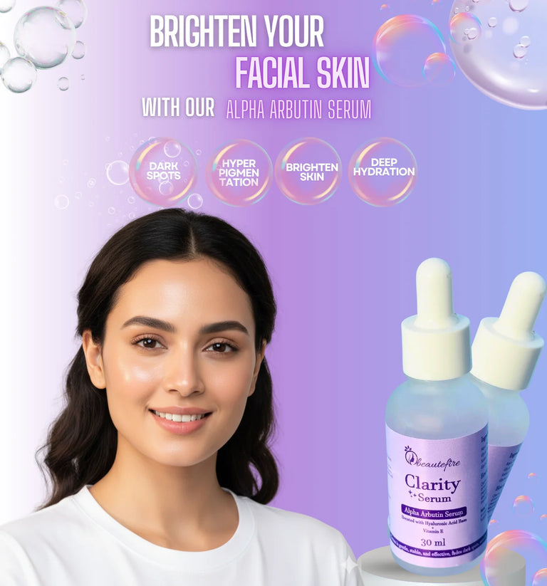 Beautefire Alpha Arbutin Serum mobile banner highlighting skin brightening, dark spot reduction, and deep hydration with a clean purple background.