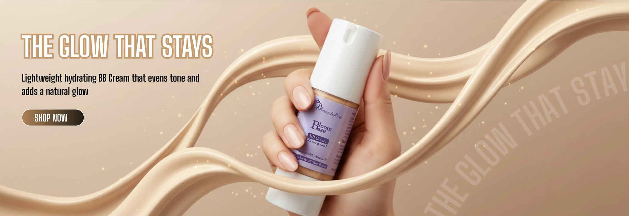 Beautefire BB Cream tube held gracefully in a hand with soft lighting, showing its lightweight texture and natural skin-finish formula against a lilac background.