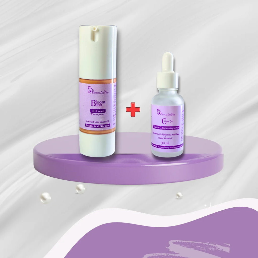 Beautéfire Bloom Base BB Cream paired with Glow+ Vitamin C Brightening Serum on a lilac platform for radiant, even-toned skin.