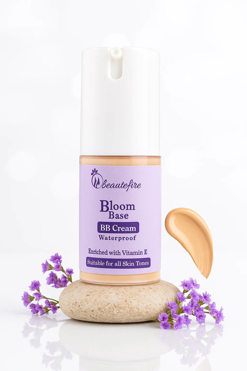 Beautefire Bloom Base BB Cream front view with swatch showing — lightweight base that perfects skin tone and adds natural glow.