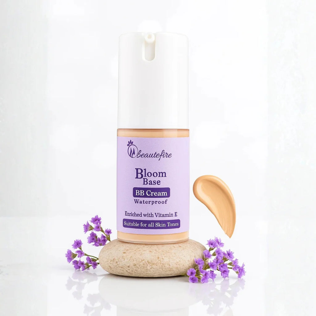 Beautefire Bloom Base BB Cream front view with swatch showing — lightweight base that perfects skin tone and adds natural glow.