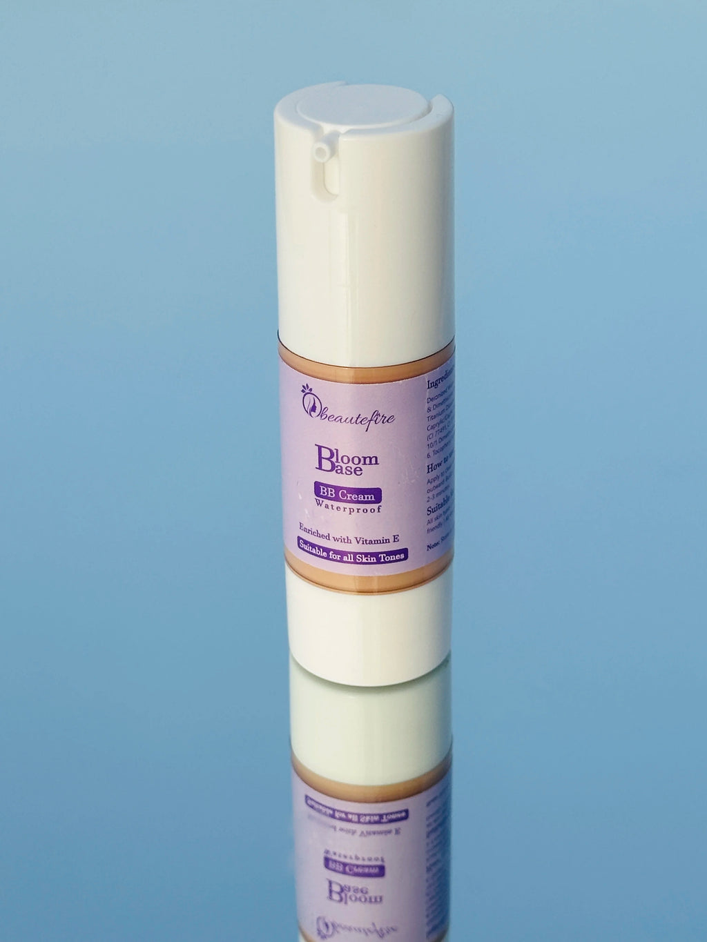 Beautefire Bloom Base BB Cream on mirror — luxury skin-perfecting makeup with a smooth radiant finish.