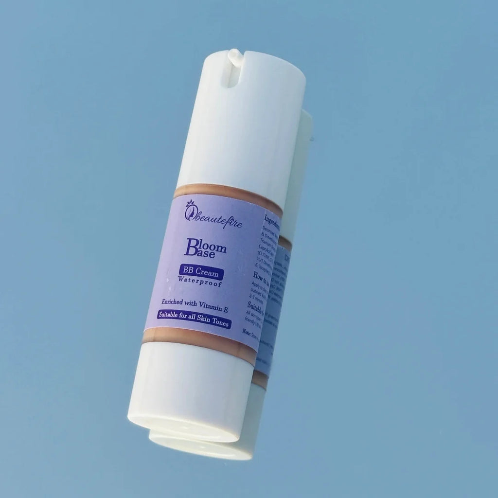 Beautefire Bloom Base BB Cream on mirror — luxury skin-perfecting makeup with a smooth radiant finish.