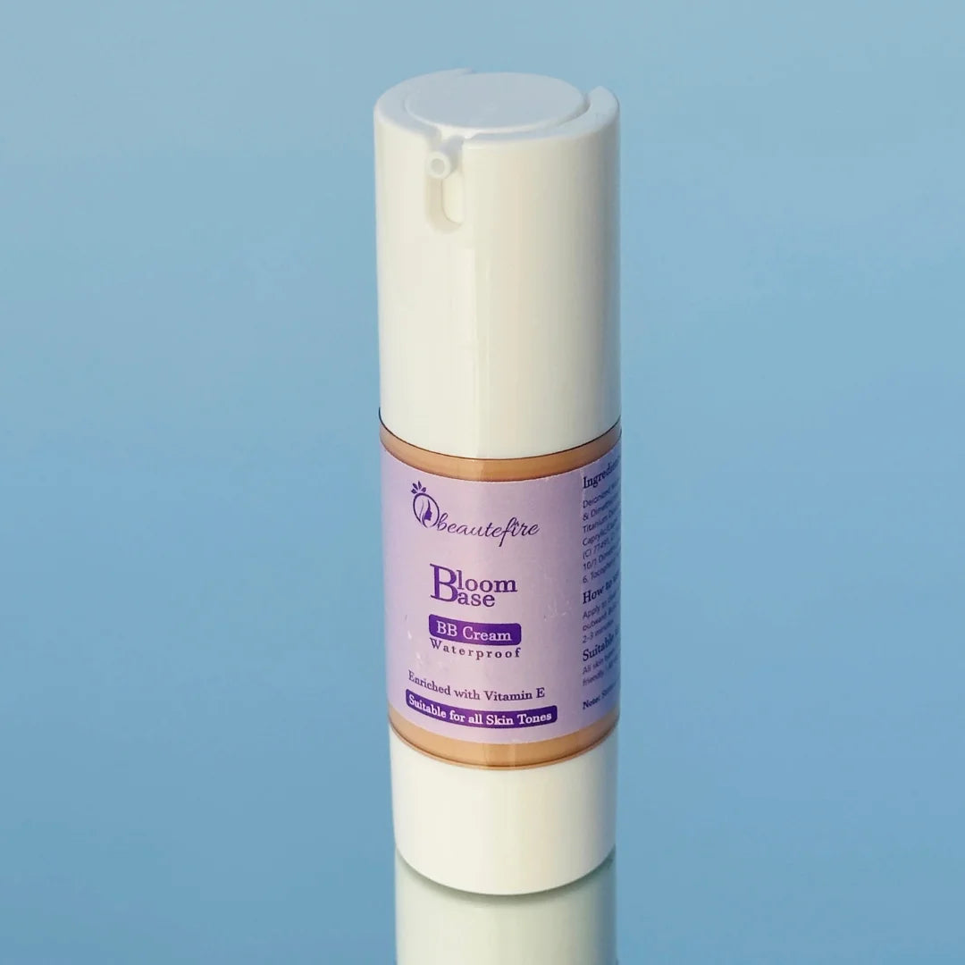 Beautefire Bloom Base BB Cream on mirror — luxury skin-perfecting makeup with a smooth radiant finish.