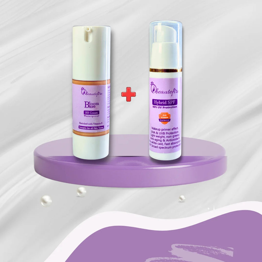 Beautéfire Bloom Base BB Cream and Hybrid SPF sunscreen combo on a glossy lilac stand with a minimal background.