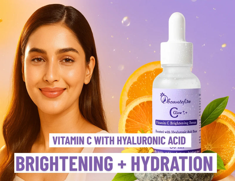 Beautefire C Glow Vitamin C Brightening Serum with Hyaluronic Acid – enhances radiance and hydration for glowing, healthy skin.