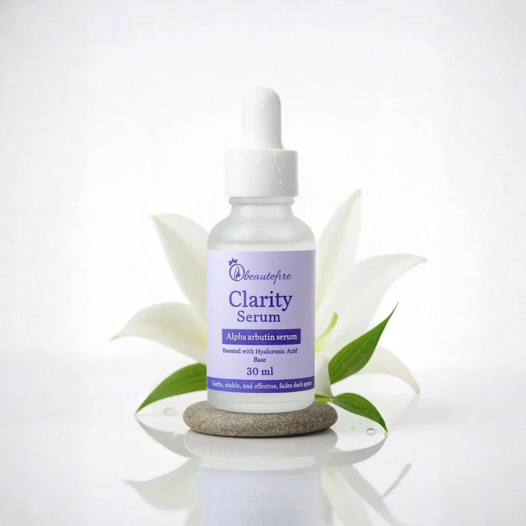 Beautefire Clarity Alpha Arbutin Serum – Front bottle view showing brightening and hydrating skincare formula.