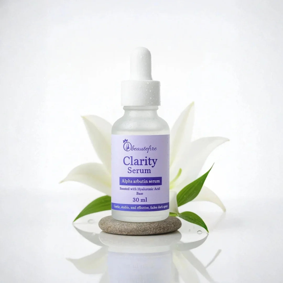 Beautefire Clarity Alpha Arbutin Serum – Front bottle view showing brightening and hydrating skincare formula.