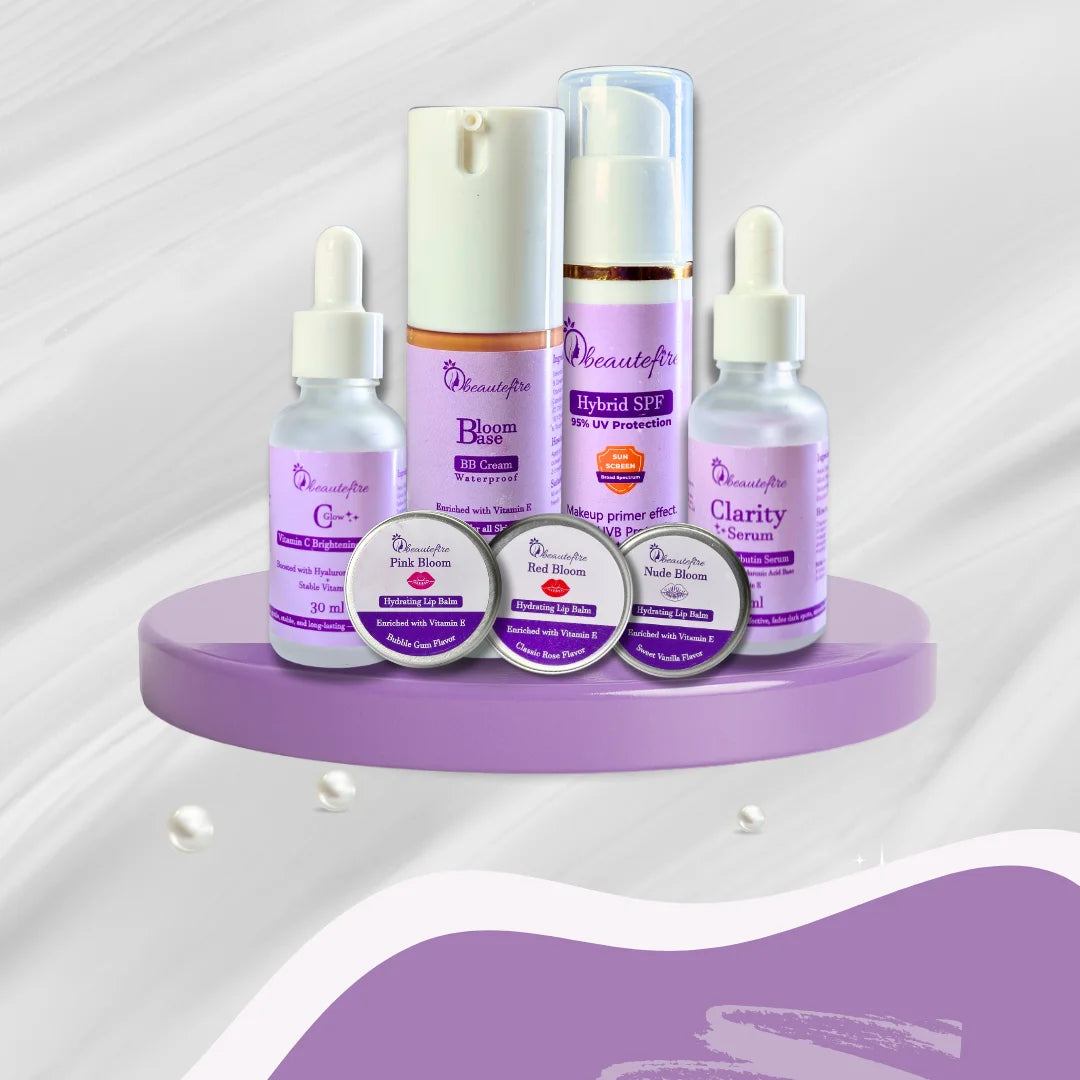 Beautéfire skincare bundle featuring BB Cream, Hybrid SPF, serums, and hydrating lip balms displayed on a lilac platform.