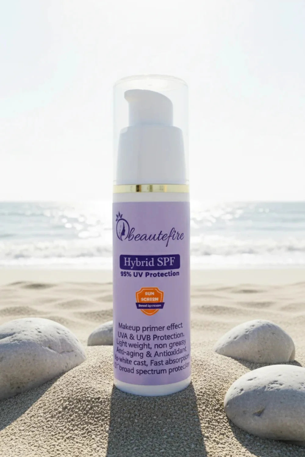Beautefire Hybrid SPF 95% UV Protection beach — lightweight daily sunscreen with hydration and zero white cast.