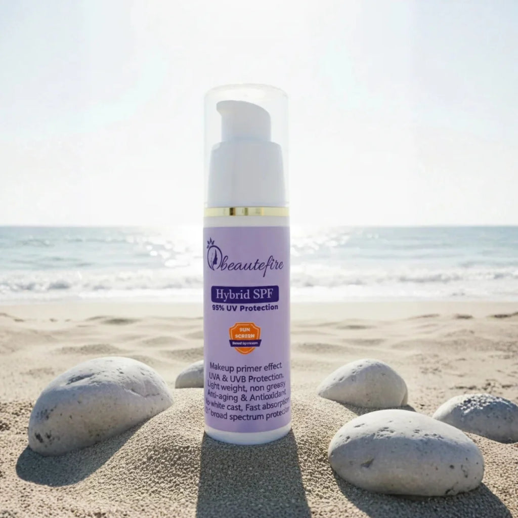 Beautefire Hybrid SPF 95% UV Protection beach — lightweight daily sunscreen with hydration and zero white cast.