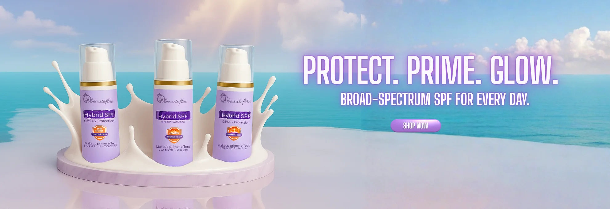 Beautefire Hybrid SPF sunscreen on lilac splash base by the ocean, broad-spectrum UVA/UVB, 99% UV protection, no white cast.
