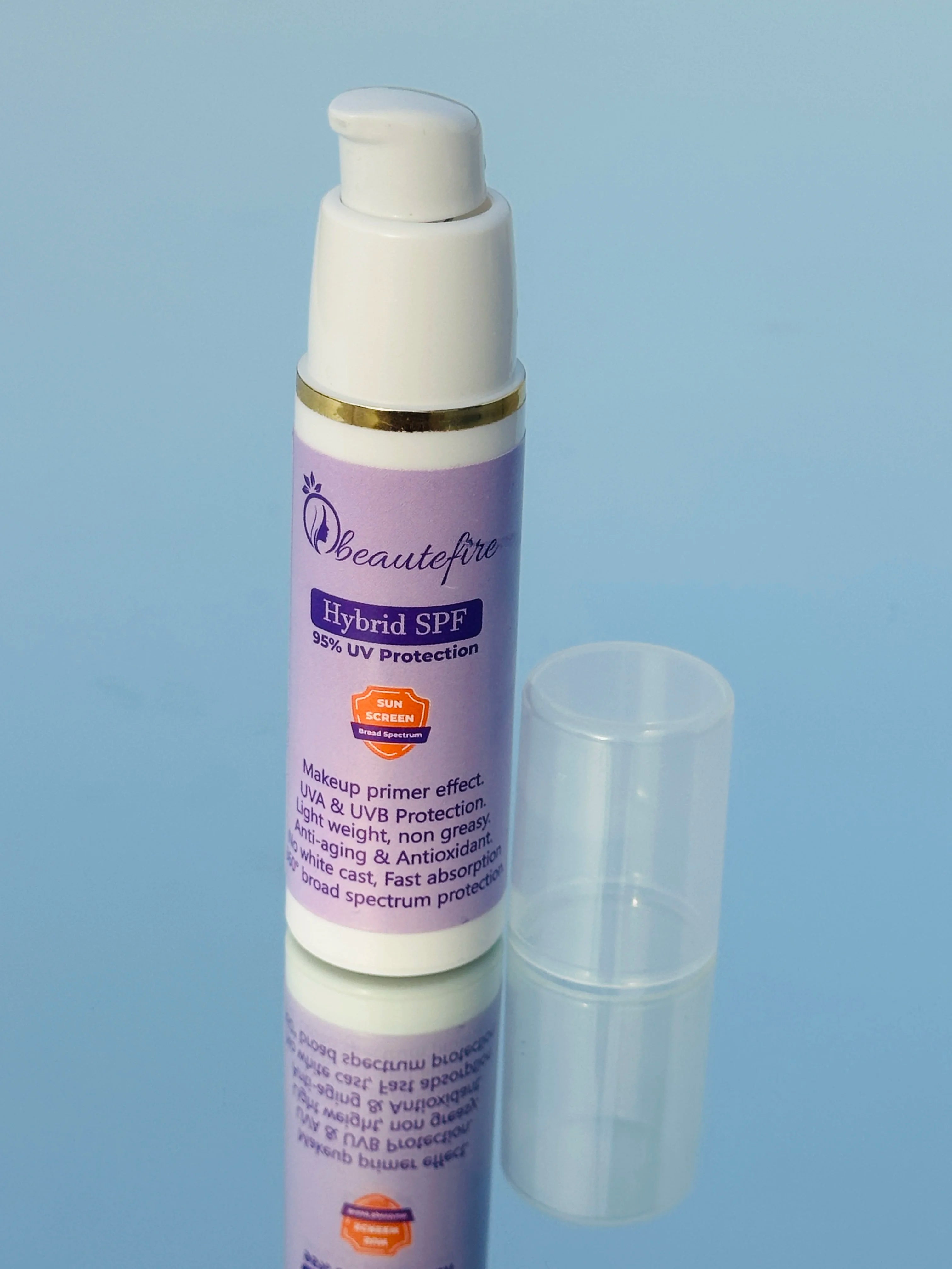 Beautefire Hybrid SPF on mirror — premium sunscreen reflecting clean, luxury skincare design.