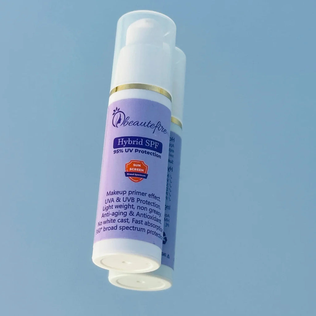 Beautefire Hybrid SPF on mirror — premium sunscreen reflecting clean, luxury skincare design.