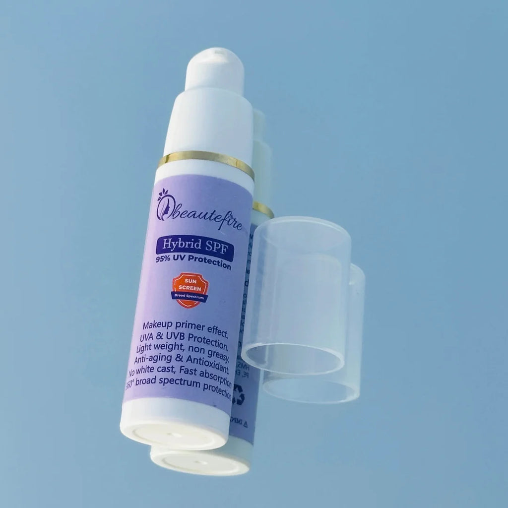 Beautefire Hybrid SPF on mirror —premium sunscreen reflecting clean, luxury skincare design.