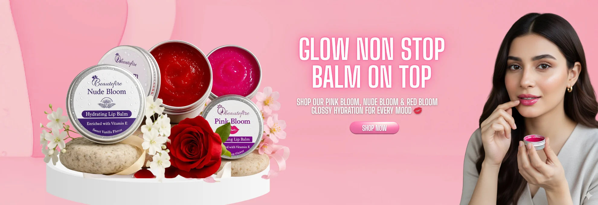 Beautefire Lip Balm Collection featuring Pink Bloom, Nude Bloom, and Peach Bloom in silver tins with glossy texture, displayed together on a soft beige background for a premium, natural skincare look.