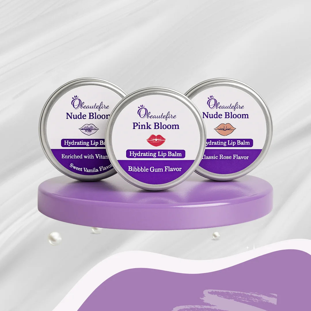 Beautéfire hydrating lip balm trio — Pink Bloom, Red Bloom, and Nude Bloom — arranged on a lilac glossy base.