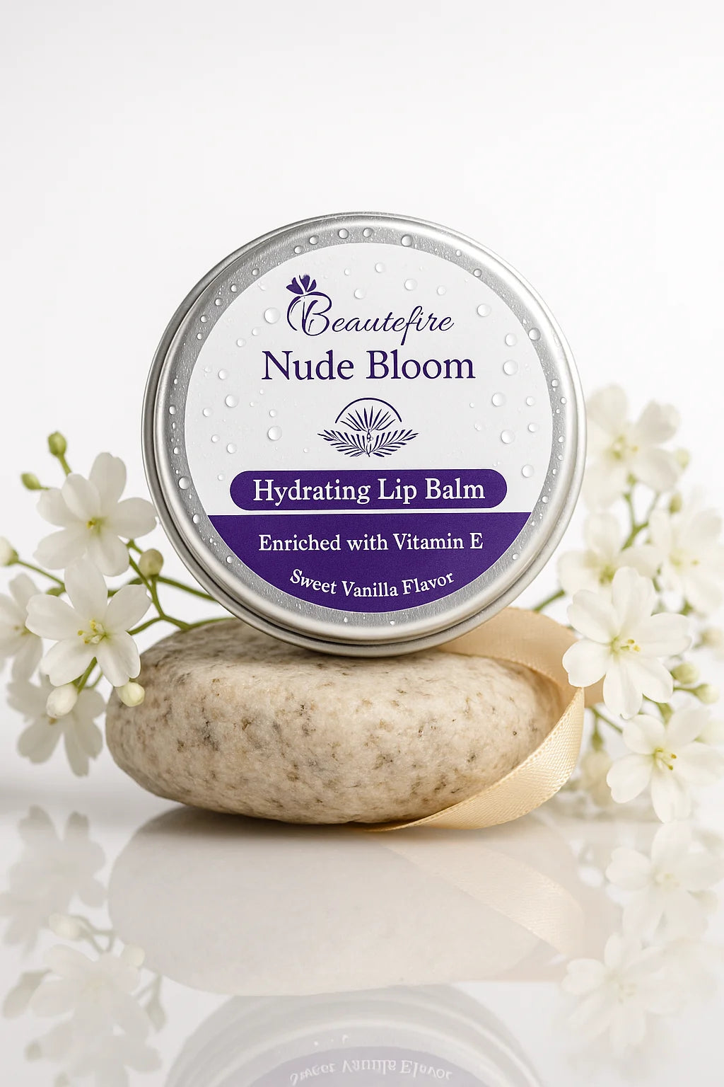 Beautefire Nude Bloom Lip Balm front view with white flowers— hydrating balm that restores natural lip tone and softness with a nude finish.