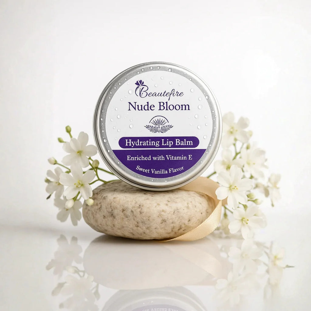 Beautefire Nude Bloom Lip Balm front view with white flowers— hydrating balm that restores natural lip tone and softness with a nude finish.