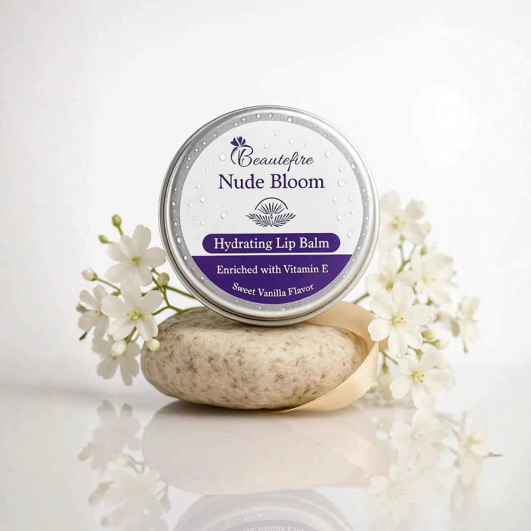 Beautefire Nude Bloom Lip Balm front view with white flowers— hydrating balm that restores natural lip tone and softness with a nude finish.