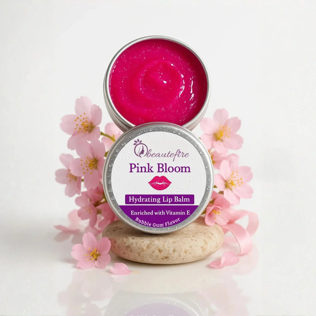 Beautefire Pink Bloom Lip Balm front view with pink flowers— bubble gum flavored hydrating lip balm with glossy natural tint.