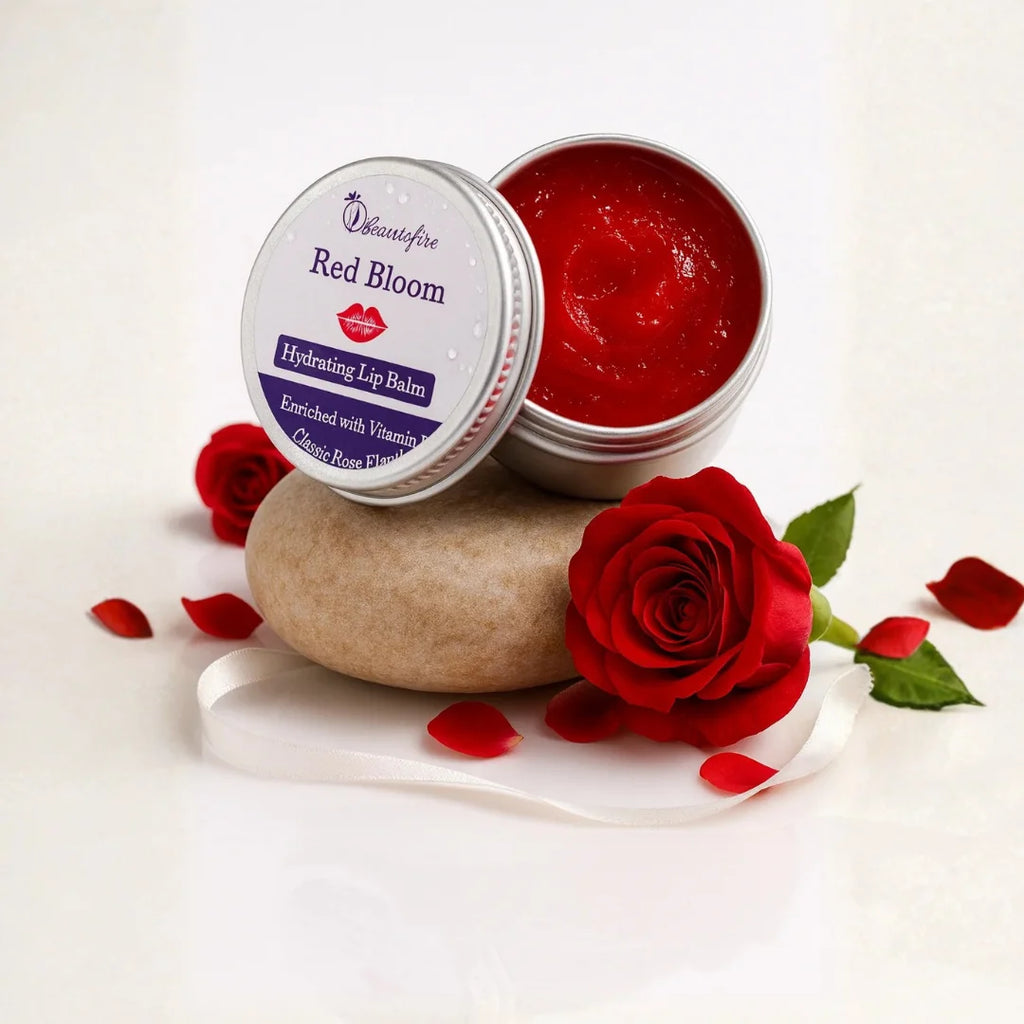 Beautefire Red Bloom Lip Balm front view with roses— repairing, moisturizing formula made for soft, healthy lips.