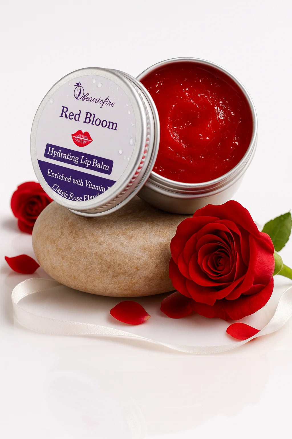Beautefire Red Bloom Lip Balm front view with roses— repairing, moisturizing formula made for soft, healthy lips.