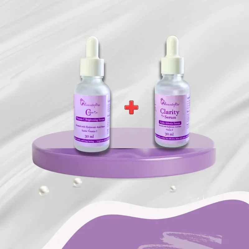 Beautefire Clarity Alpha Arbutin and C Glow Vitamin C serums side by side, dark spot serum comparison, Pakistan