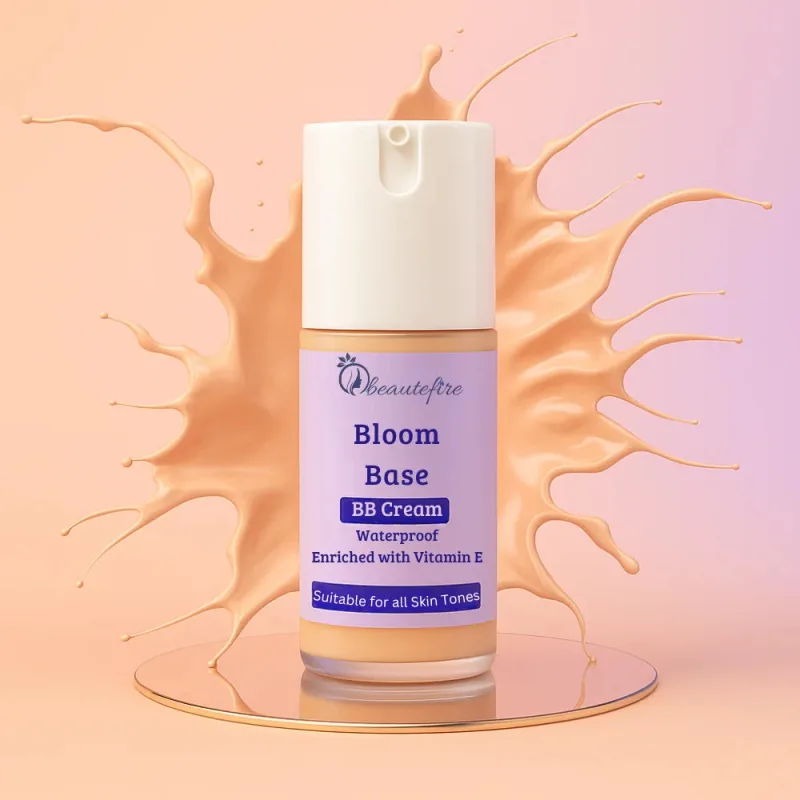 Bloom Base BB Cream bottle on a glass stand with a splash of cream