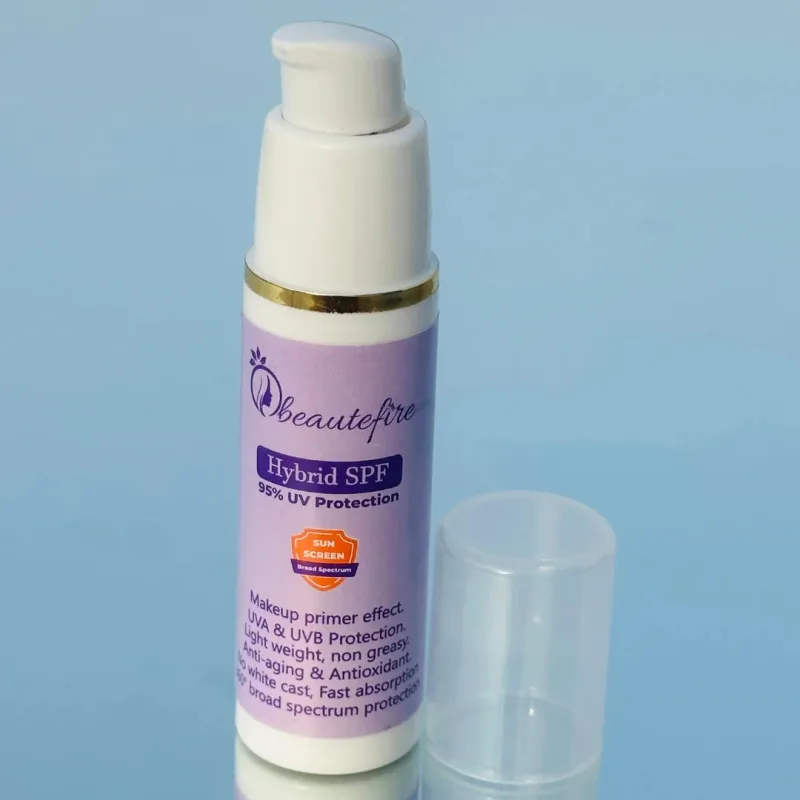 Hybrid SPF sunscreen texture on skin, no white cast