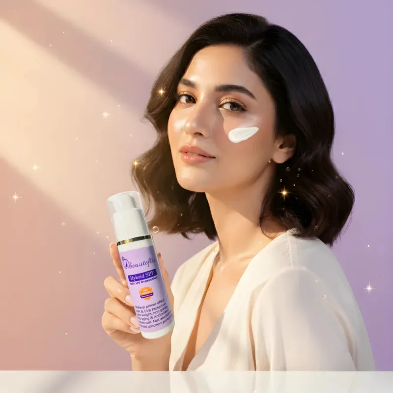 Woman with sunscreen on her cheek holding the Hybrid SPF bottle