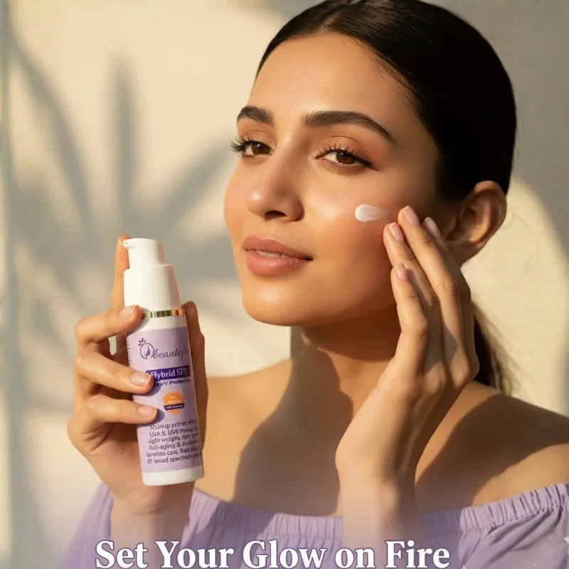 Woman holding a Hybrid SPF bottle while applying cream to her cheek