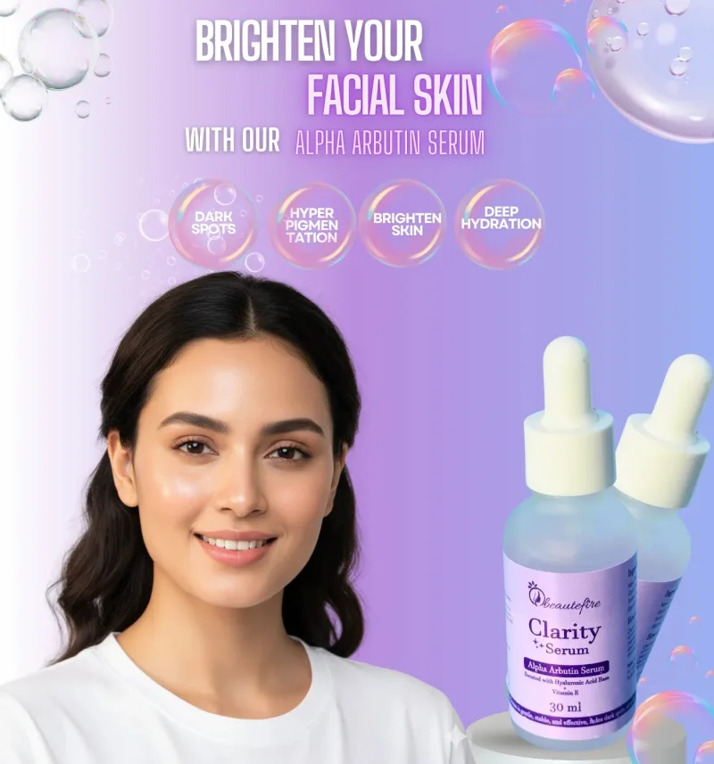 Smiling woman next to two Beautefire Clarity Alpha Arbutin serum bottles on a purple background