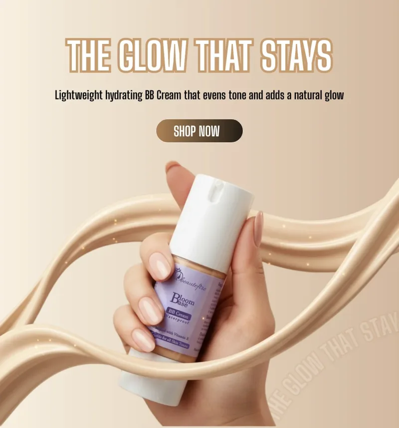 A hand holding a Beautefire Bloom Base BB Cream bottle in front of swirls of cream, with the words "The glow that stays"