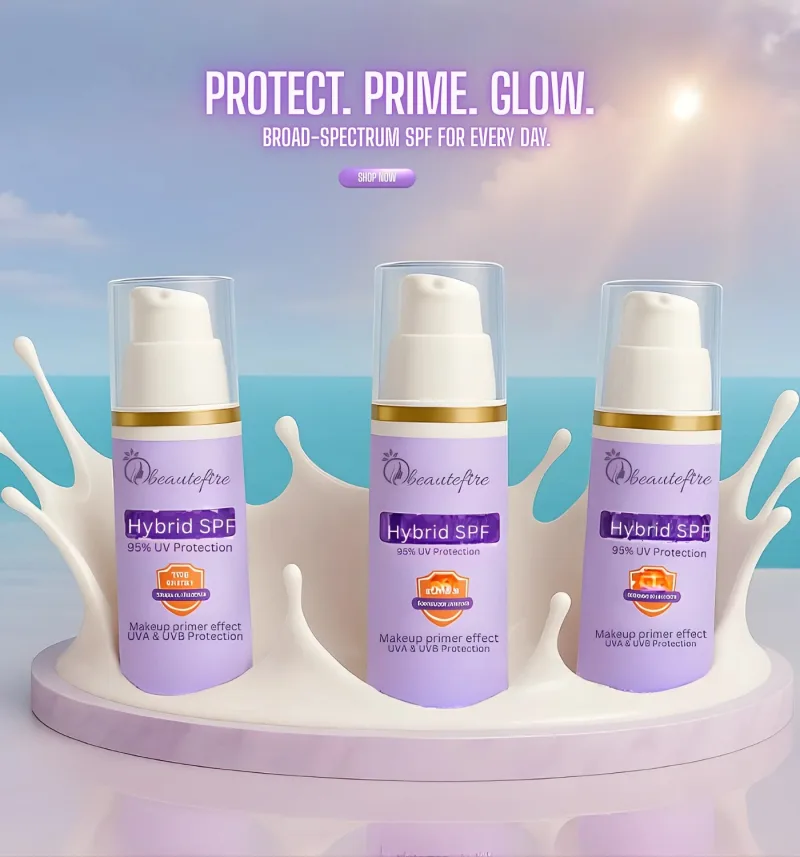 Three Beautefire Hybrid SPF bottles on a white splash by the sea, with the words "Protect. Prime. Glow."