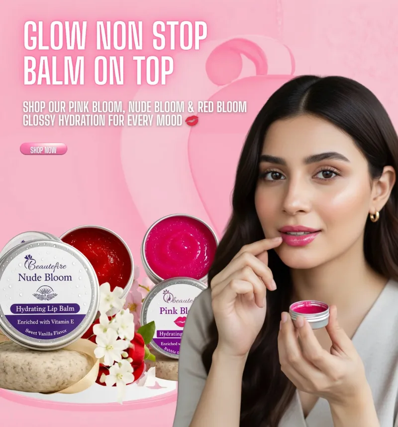 Beautefire tinted lip balms in round tins next to a smiling woman, on a pink background