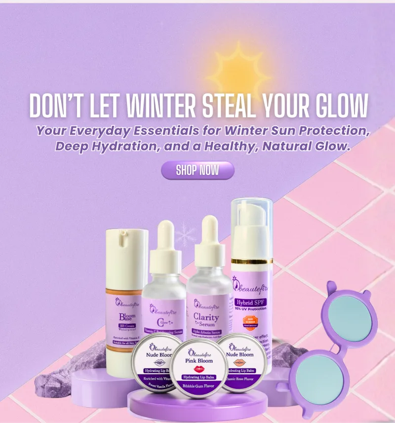 Beautefire serums, sunscreen and lip balms on a lilac background with the words "Don't let winter steal your glow"