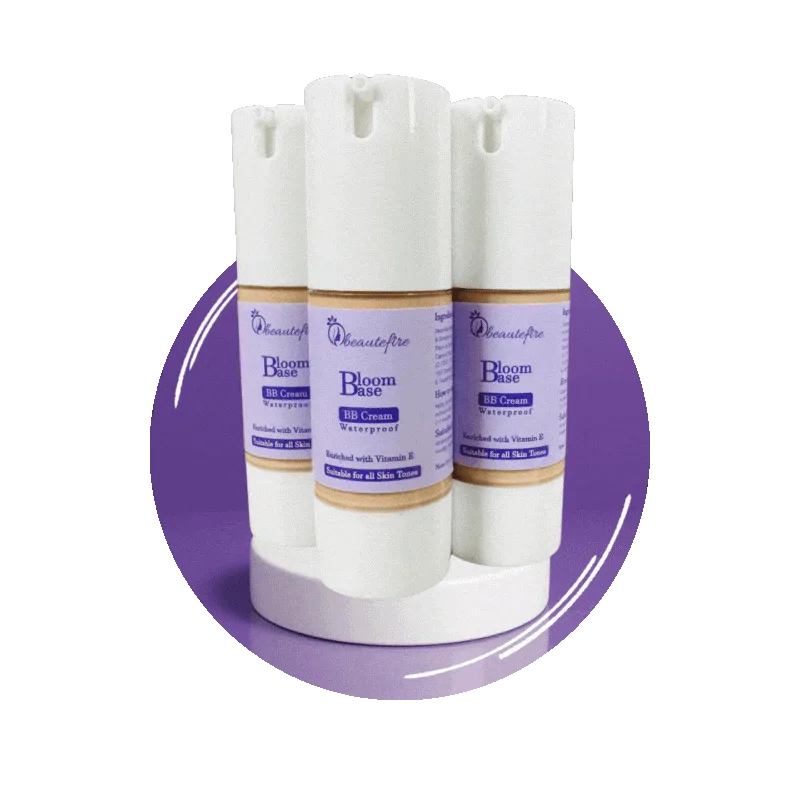 Three Bloom Base BB Cream tubes on a white stand in front of a lilac circle