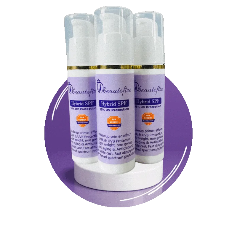 Three Beautefire Hybrid SPF bottles on a white stand in front of a lilac circle